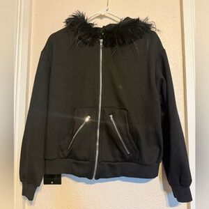 Black Zip-Up sweater with Faux Fur Trim